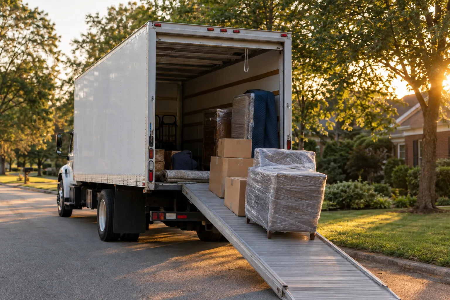 A Click Start Move truck with its ramp down, loaded with wrapped furniture and boxes