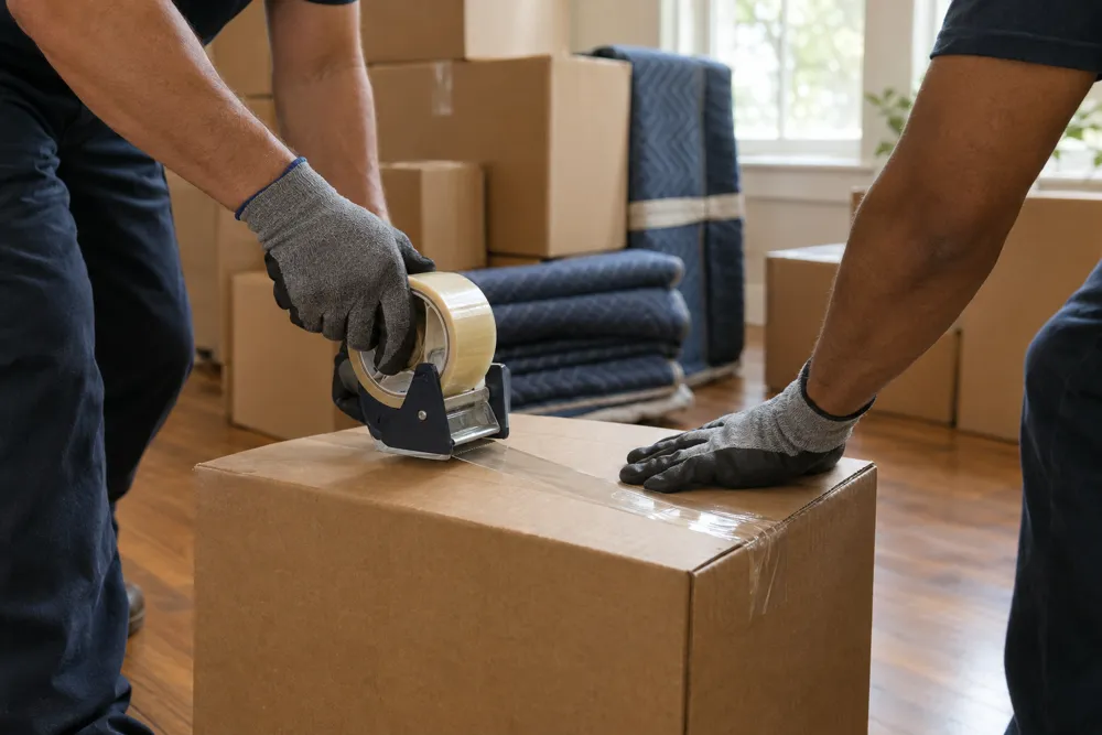 Gloved hands taping a moving box beside stacked boxes and moving blankets
